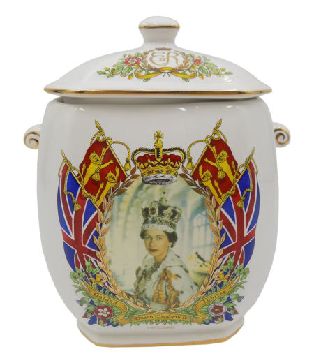 Okolicznościowa puszka na ciasteczka Queen Elizabeth II złoty jubileusz Ringstons by Wade Ceramics zdjęcie 1