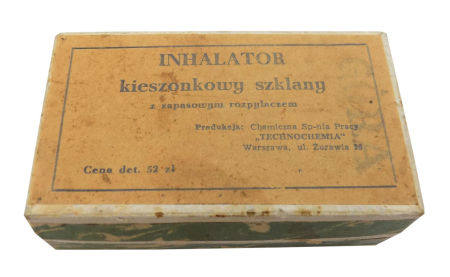 Pudełko kartonowe Inhalator kieszonkowy szklany „Technochemia” Warszawa PRL.