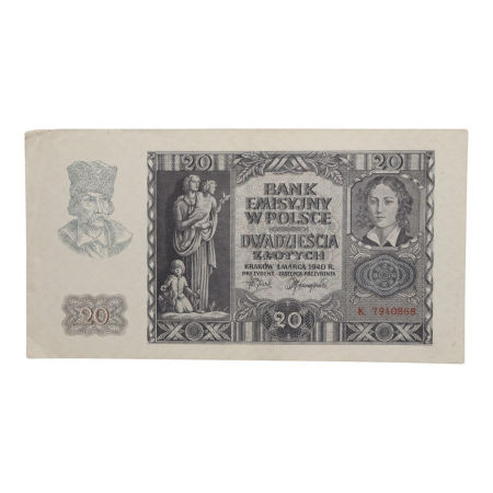 Pieniądz Papierowy 20 zł 1940 rok Generalna Gubernia zdjęcie 1